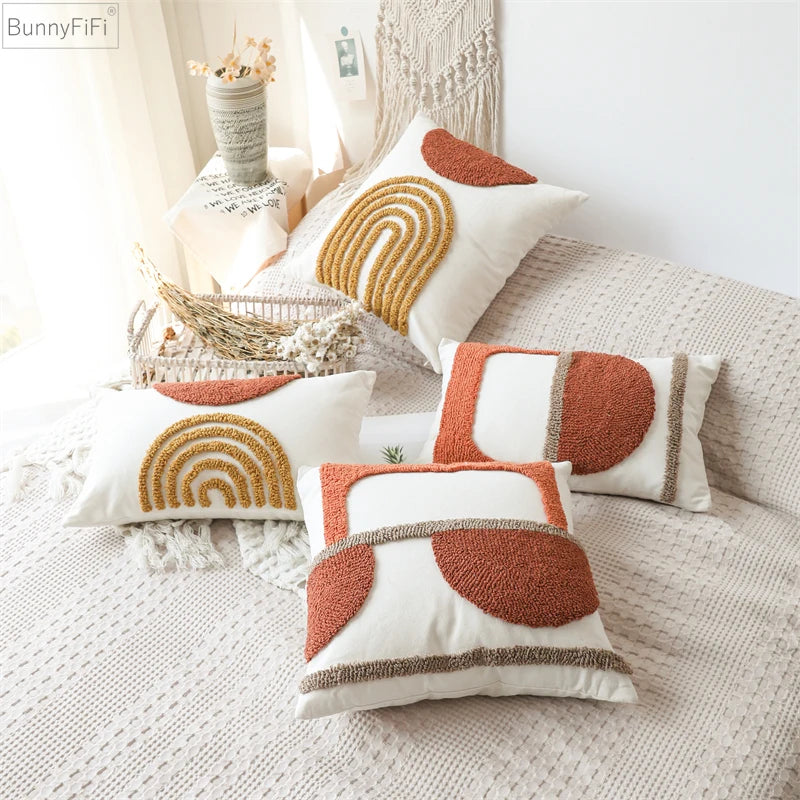Coussin : Housse Tuftée Géométrique Orange Brûlé