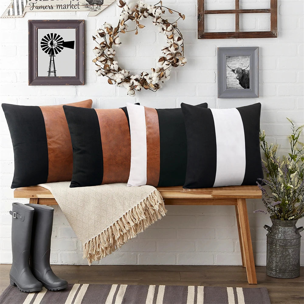 Coussin : Housse Luxe Cuir PU Patchwork 45x45